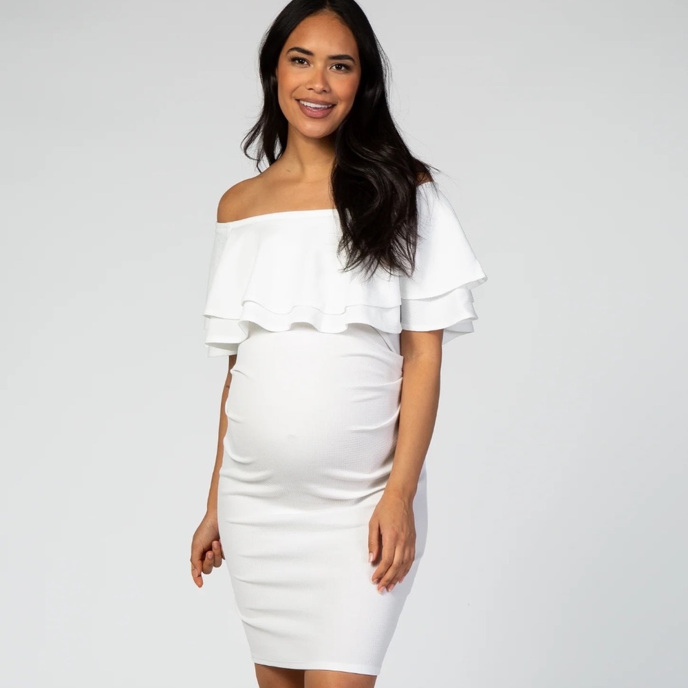 White Off Shoulder Ruched Maternity Dress